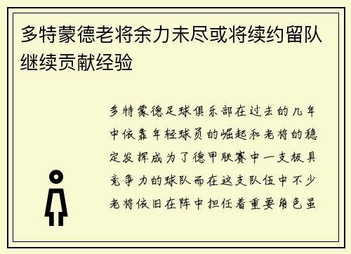 多特蒙德老将余力未尽或将续约留队继续贡献经验