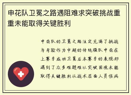 申花队卫冕之路遇阻难求突破挑战重重未能取得关键胜利