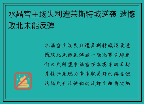 水晶宫主场失利遭莱斯特城逆袭 遗憾败北未能反弹