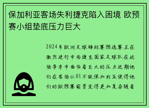 保加利亚客场失利捷克陷入困境 欧预赛小组垫底压力巨大