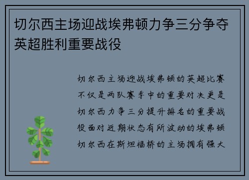 切尔西主场迎战埃弗顿力争三分争夺英超胜利重要战役
