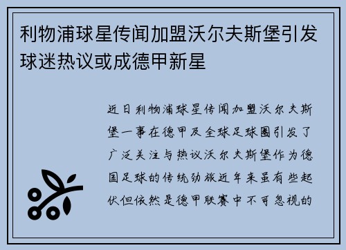 利物浦球星传闻加盟沃尔夫斯堡引发球迷热议或成德甲新星