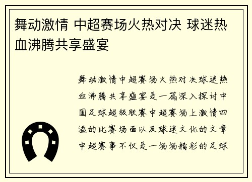 舞动激情 中超赛场火热对决 球迷热血沸腾共享盛宴